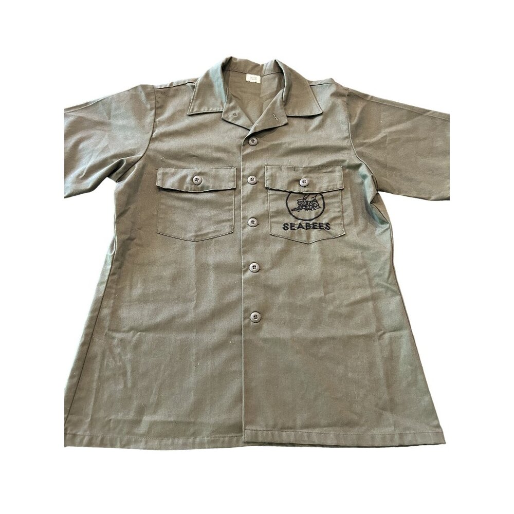 US Navy Seabees Utility Shirt 16.5x32 Short Sleeve Olive Green Button-Up